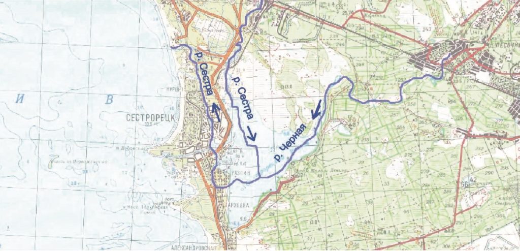 Рисунок 1. Русла рек Сестра и Черная до образования водохранилища Сестрорецкий Разлив