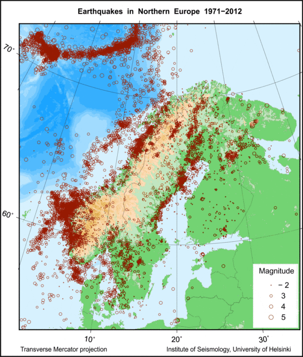 Карта землетрясений Фенноскандии(www.seismo.helsinki.fi)