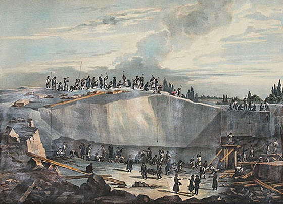 Рисунок 2. Вид работ в каменоломне. Литография Бишбуа и Ватто по рисунку О. Монферрана. 1836 год 
