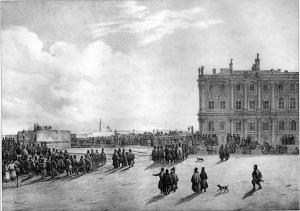 Рисунок 5. Передвижение блока для постамента Александровской колонны от набережной