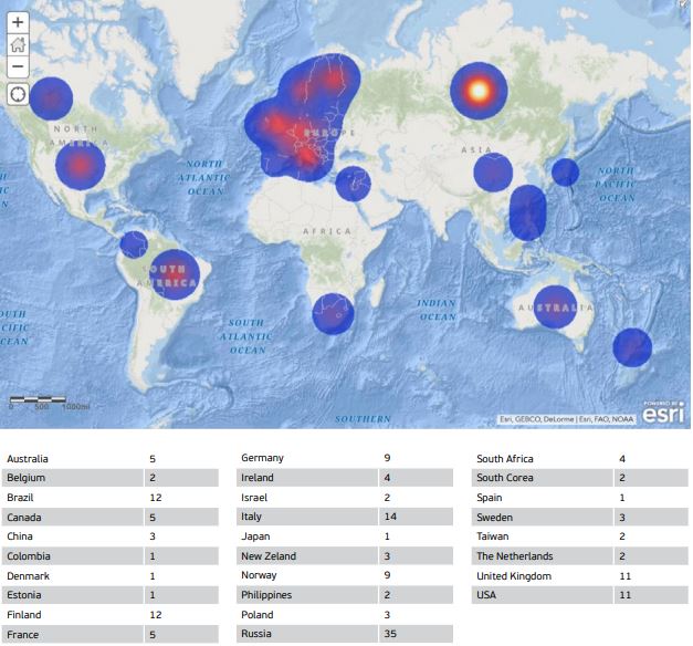 Рисунок 1. Количество участников конференции GeoHab 2019 из разных стран мира