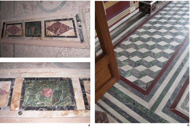 Фото 1. Мозаичный пол Столовой Царицына павильона, в ходе (а) и после реставрации (б) 